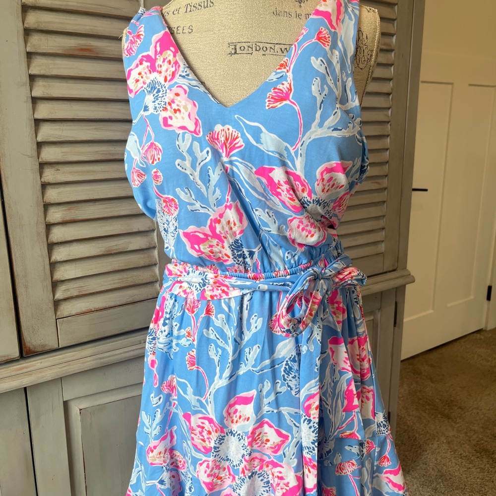 Lilly Pulitzer Blue Midi Dress with Pink & White Floral Print